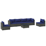 7 Piece Garden Lounge Set with Cushions Poly Rattan Grey - Front View
