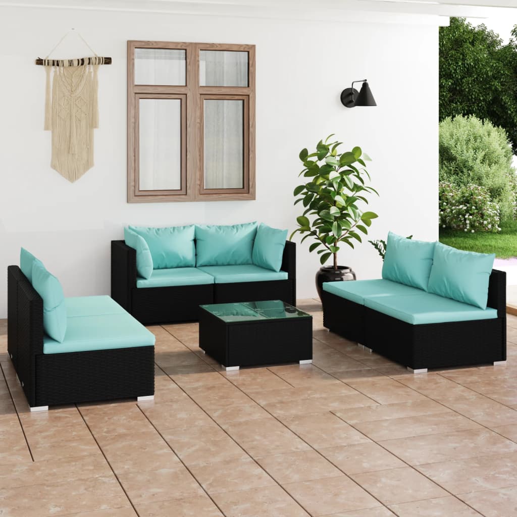7 Piece Garden Lounge Set with Cushions Poly Rattan Black