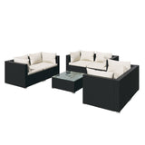 7 Piece Garden Lounge Set with Cushions Poly Rattan Black - Front View