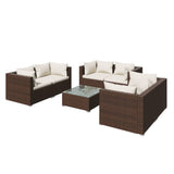 7 Piece Garden Lounge Set with Cushions Poly Rattan Brown - Front View