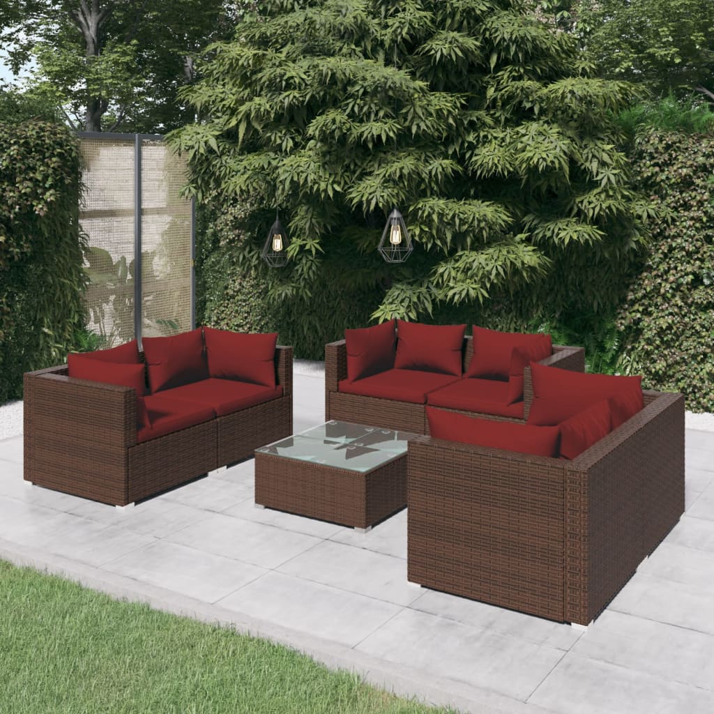 7 Piece Garden Lounge Set with Cushions Poly Rattan Brown