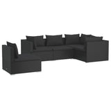 5 Piece Garden Lounge Set with Cushions Poly Rattan Black - Front View