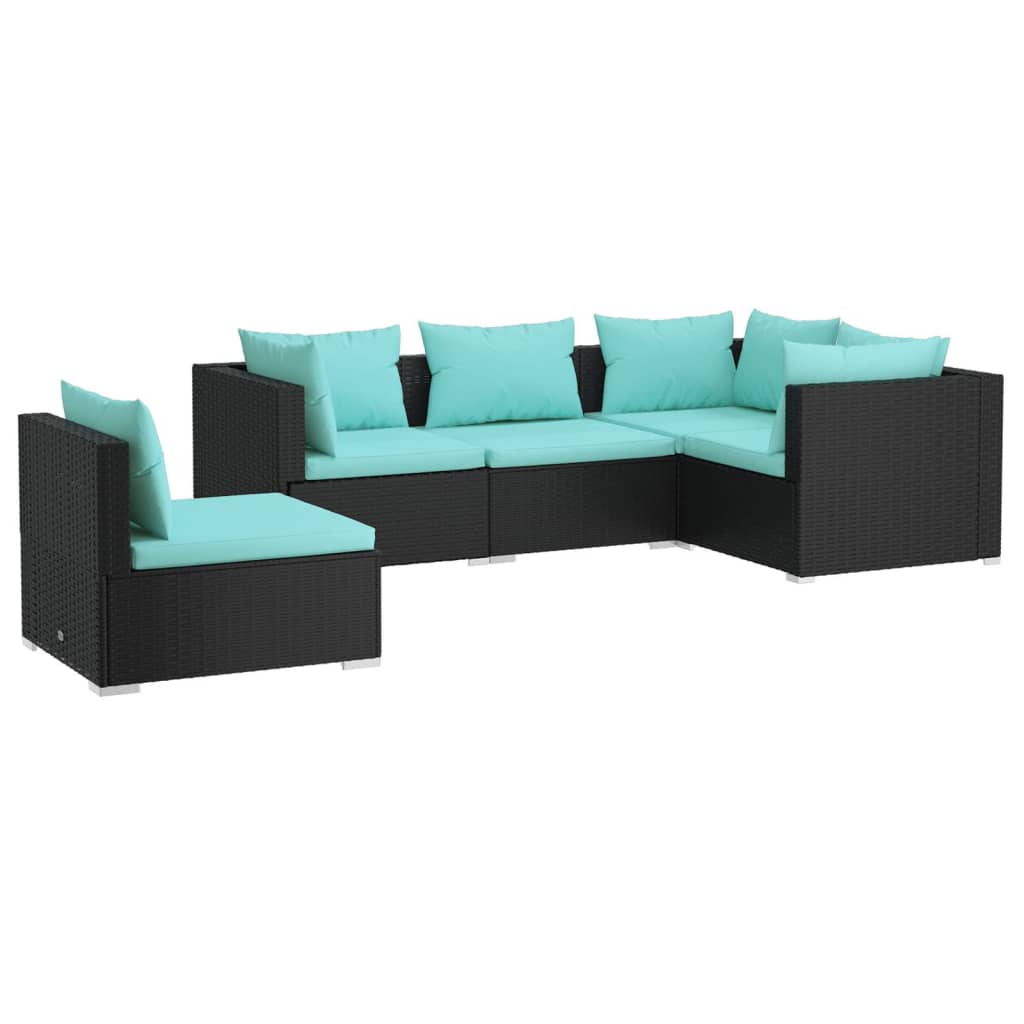5 Piece Garden Lounge Set with Cushions Poly Rattan Black