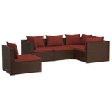 5 Piece Garden Lounge Set with Cushions Poly Rattan Brown - Front View