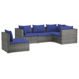 5 Piece Garden Lounge Set with Cushions Poly Rattan Grey - Front View