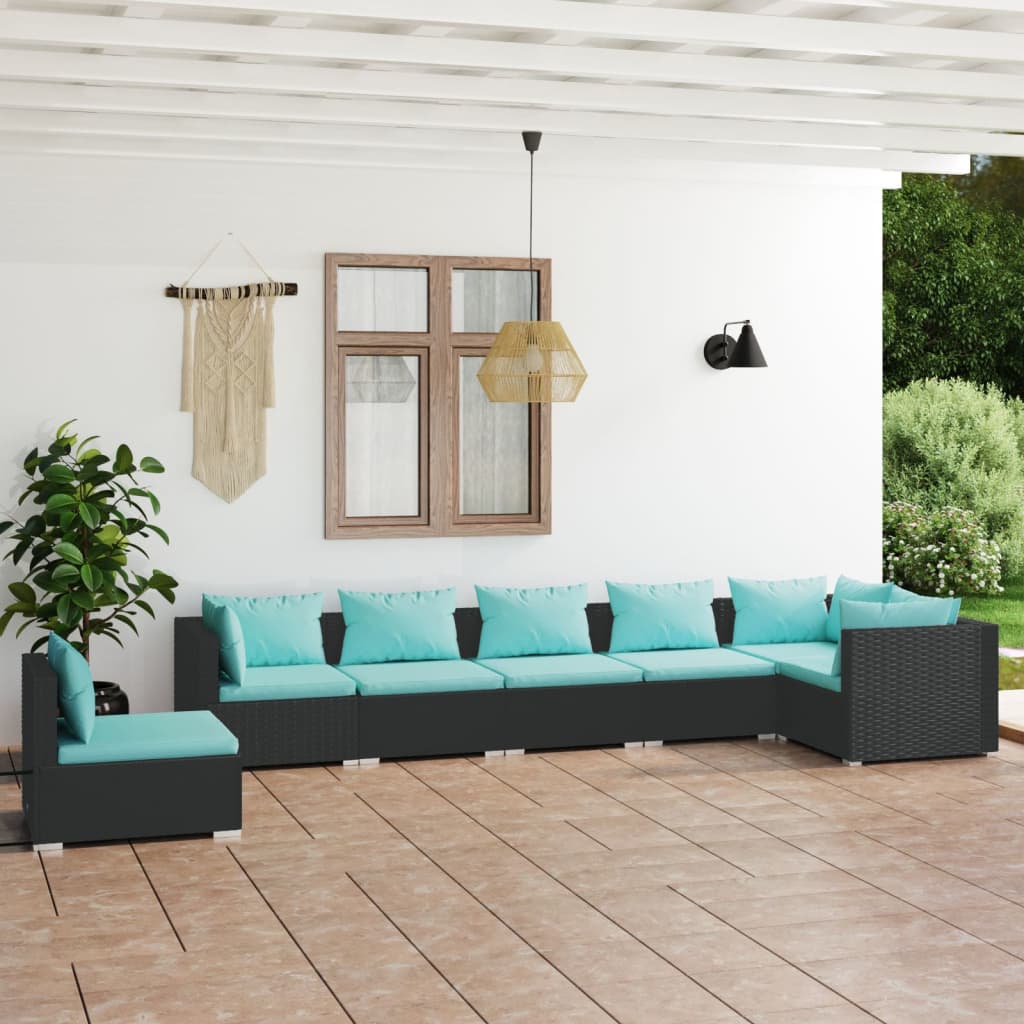 7 Piece Garden Lounge Set with Cushions Poly Rattan Black