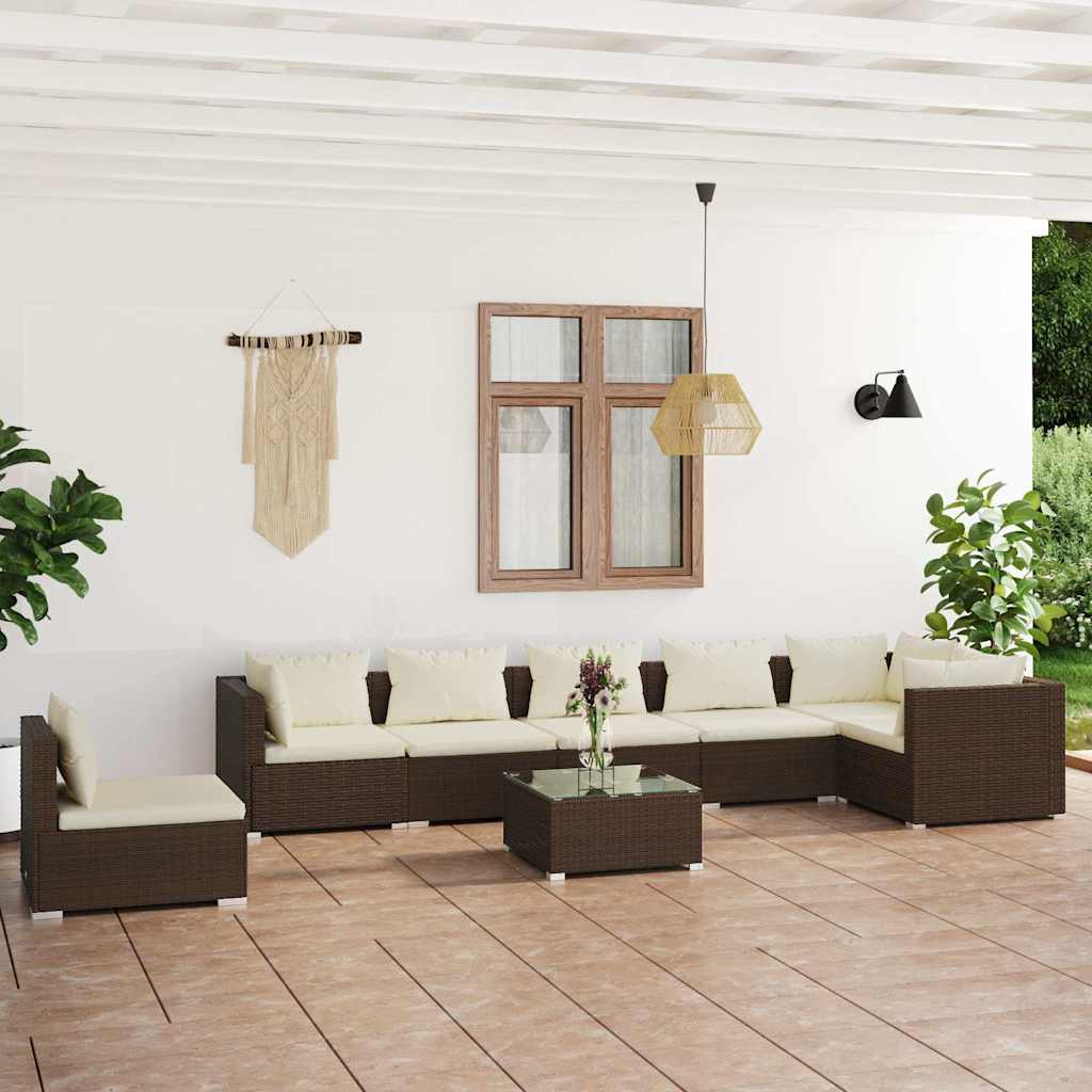 8 Piece Garden Lounge Set with Cushions Poly Rattan Brown