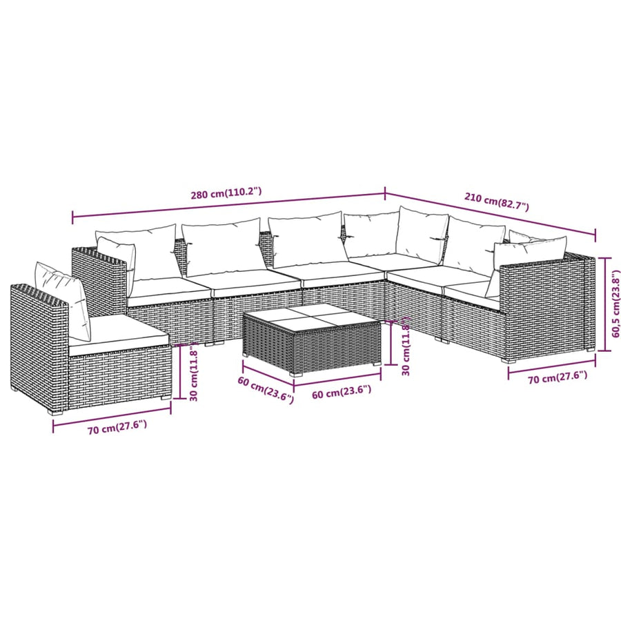8 Piece Garden Lounge Set with Cushions Poly Rattan Brown