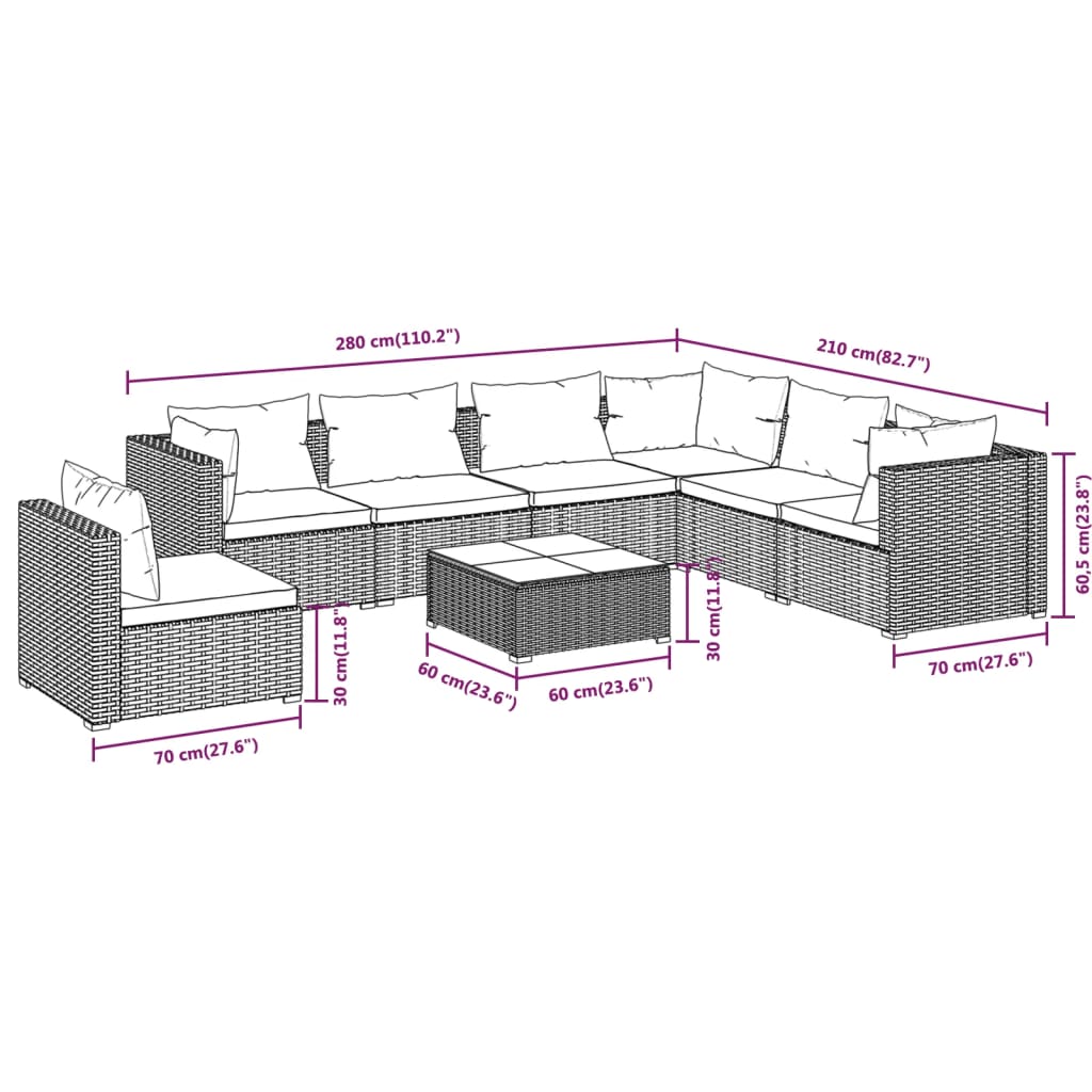 8 Piece Garden Lounge Set with Cushions Poly Rattan Brown