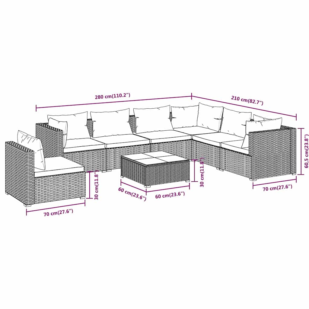8 Piece Garden Lounge Set with Cushions Poly Rattan Brown