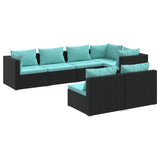 7 Piece Garden Lounge Set with Cushions Black Poly Rattan - Front View