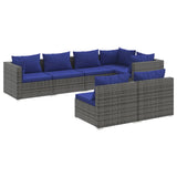 7 Piece Garden Lounge Set with Cushions Grey Poly Rattan - Front View