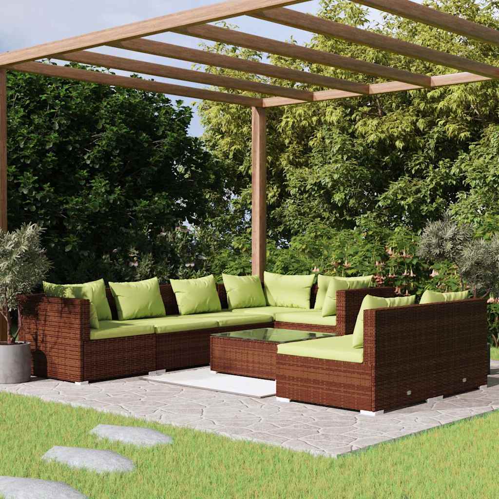 8 Piece Garden Lounge Set with Cushions Brown Poly Rattan