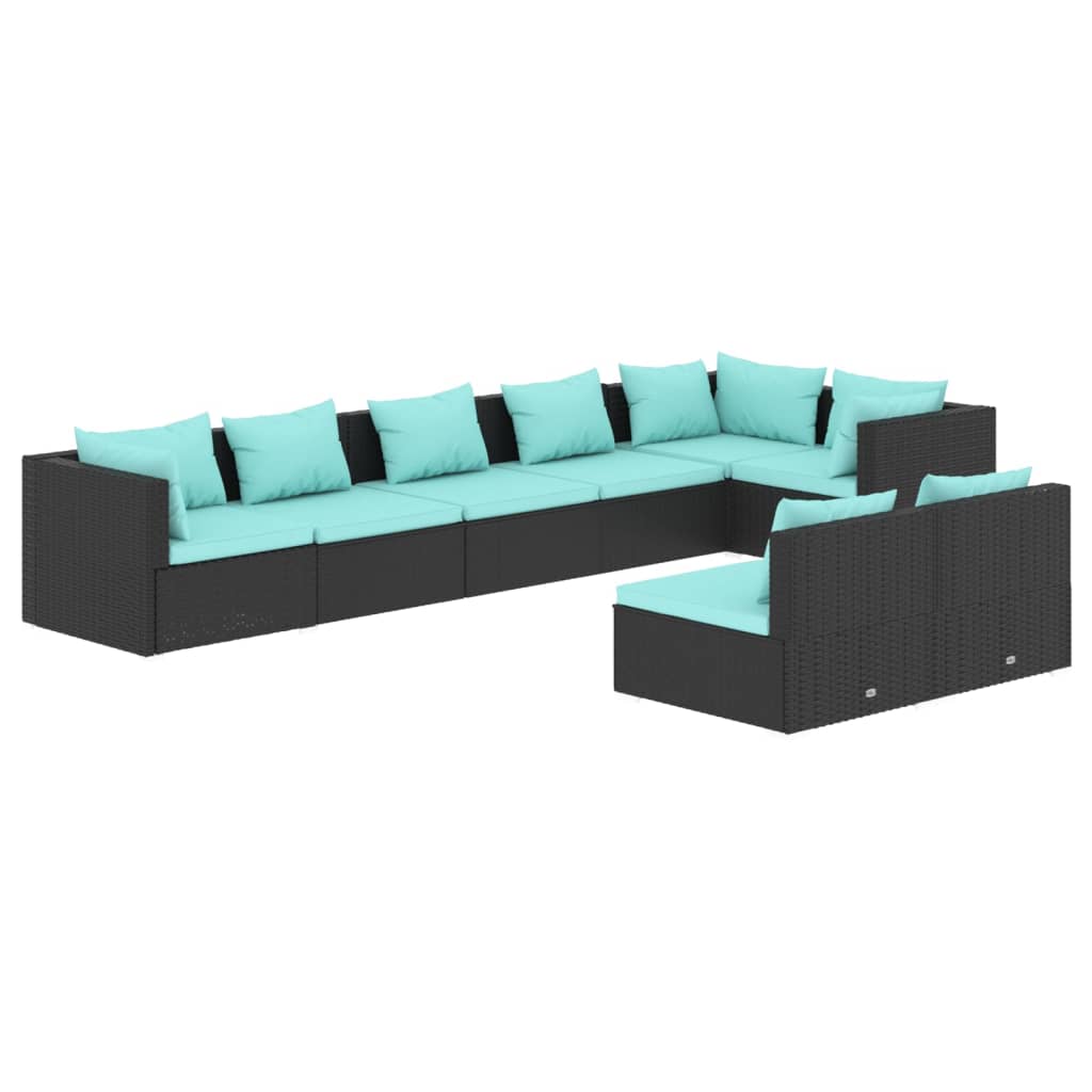 8 Piece Garden Lounge Set with Cushions Black Poly Rattan