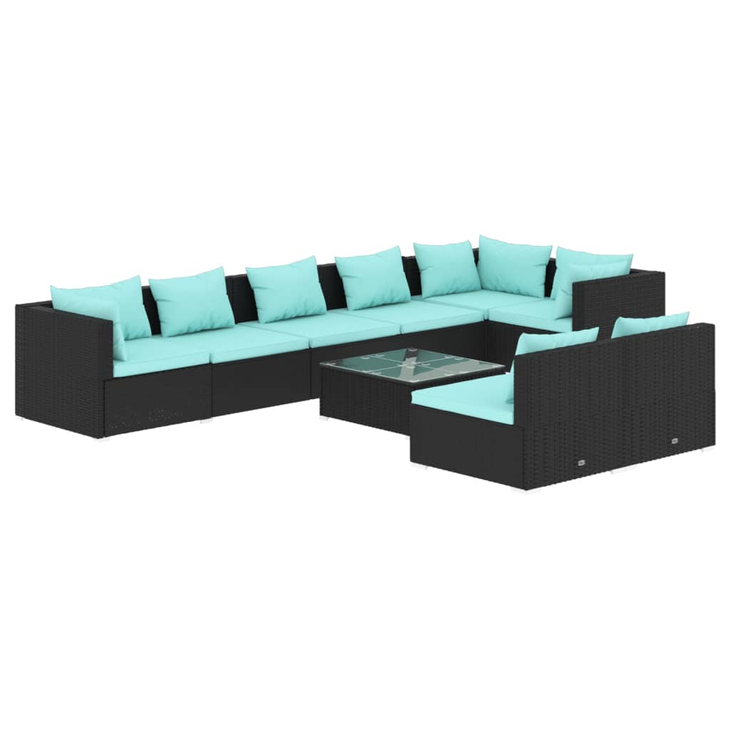 9 Piece Garden Lounge Set with Cushions Black Poly Rattan