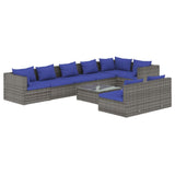9 Piece Garden Lounge Set with Cushions Grey Poly Rattan - Front View