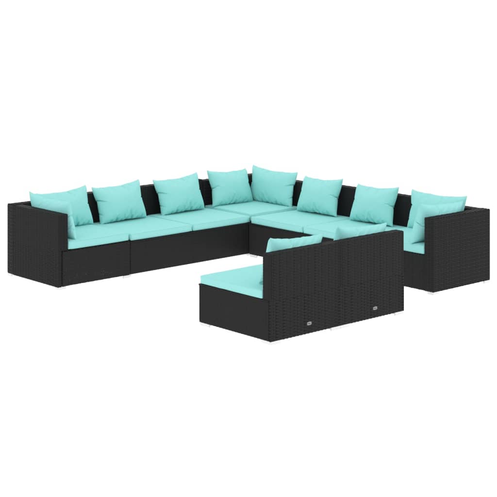 9 Piece Garden Lounge Set with Cushions Black Poly Rattan