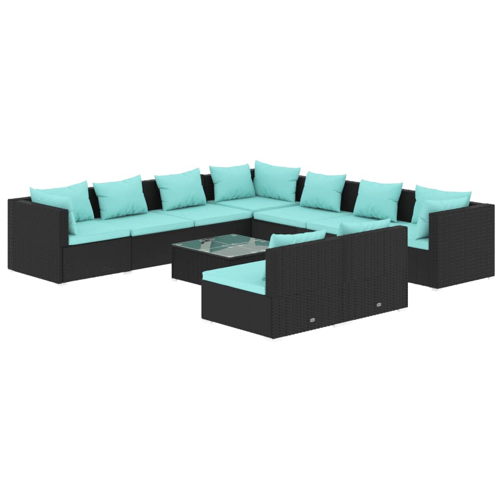 10 Piece Garden Lounge Set with Cushions Black Poly Rattan