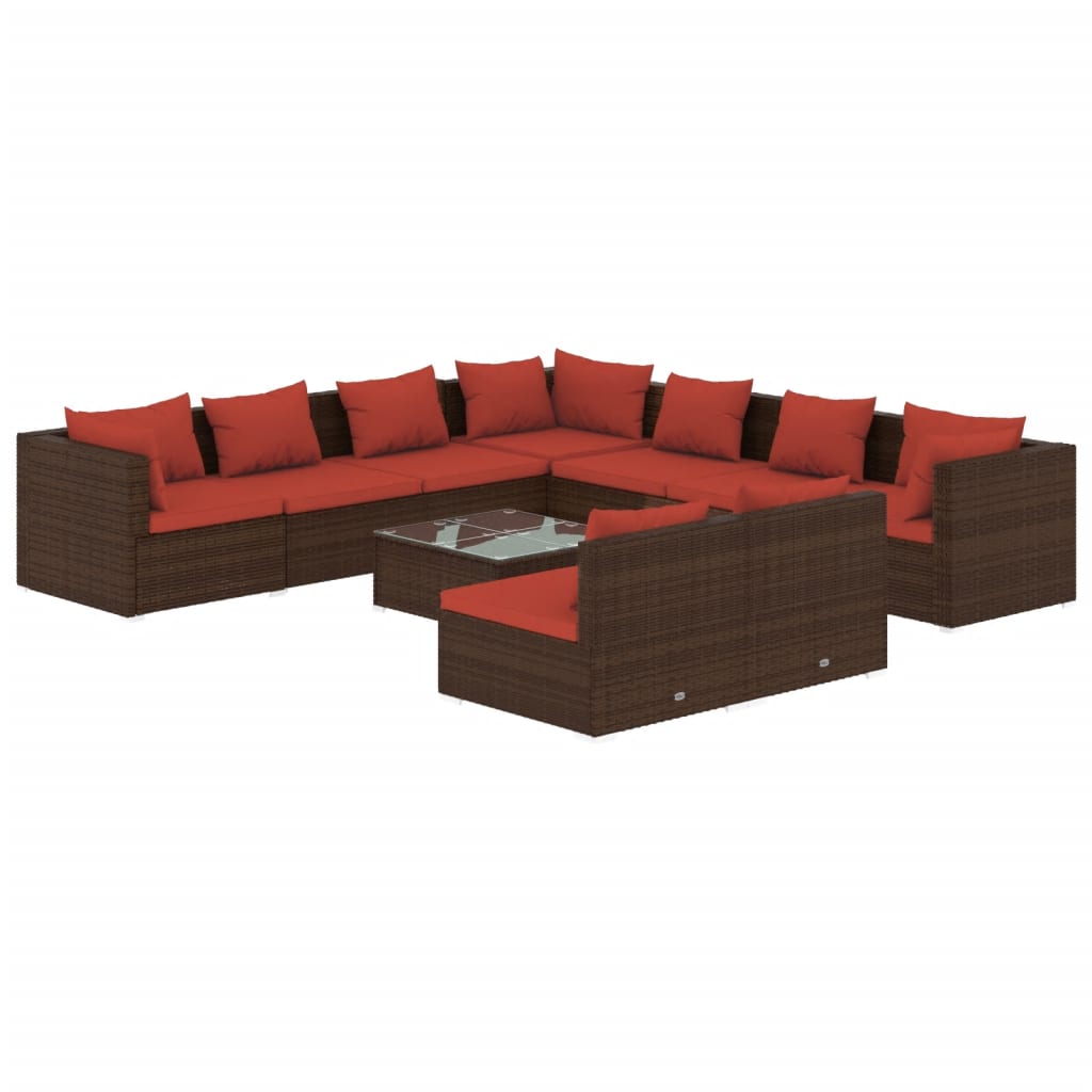 10 Piece Garden Lounge Set with Cushions Brown Poly Rattan