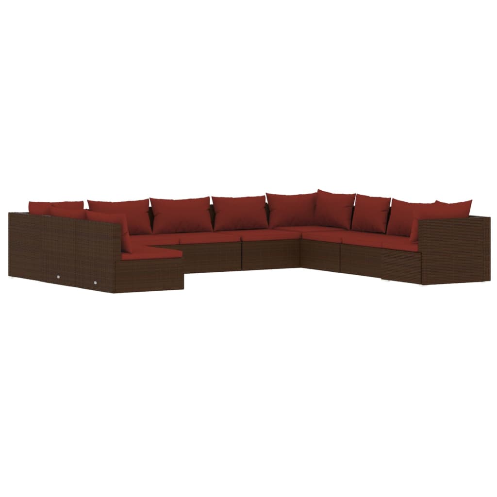 10 Piece Garden Lounge Set with Cushions Brown Poly Rattan