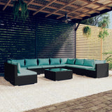 11 Piece Garden Lounge Set with Cushions Black Poly Rattan