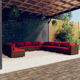 11 Piece Garden Lounge Set with Cushions Brown Poly Rattan