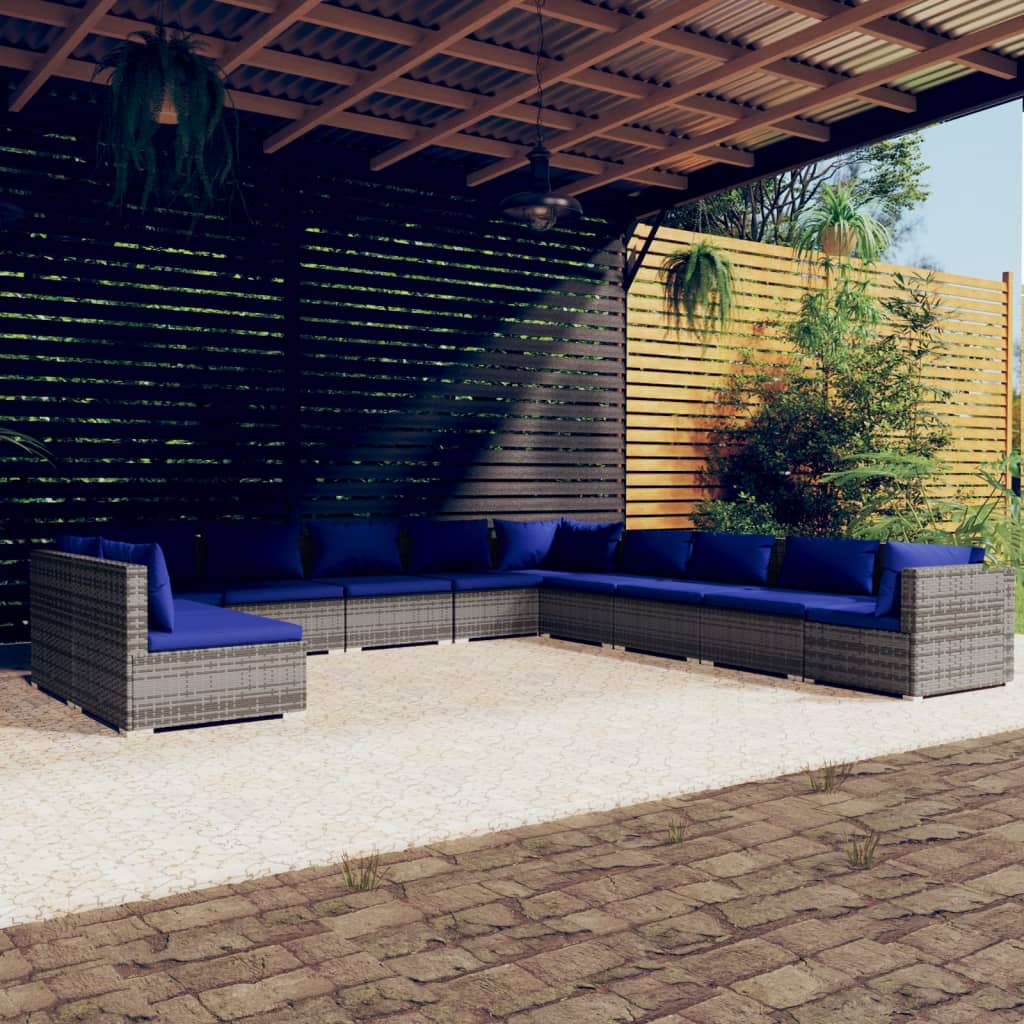 11 Piece Garden Lounge Set with Cushions Grey Poly Rattan