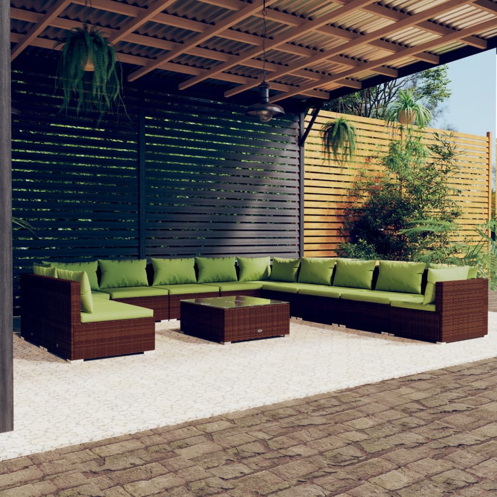 12 Piece Garden Lounge Set with Cushions Brown Poly Rattan