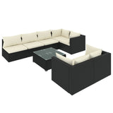 8 Piece Garden Lounge Set with Cushions Black Poly Rattan - Front View