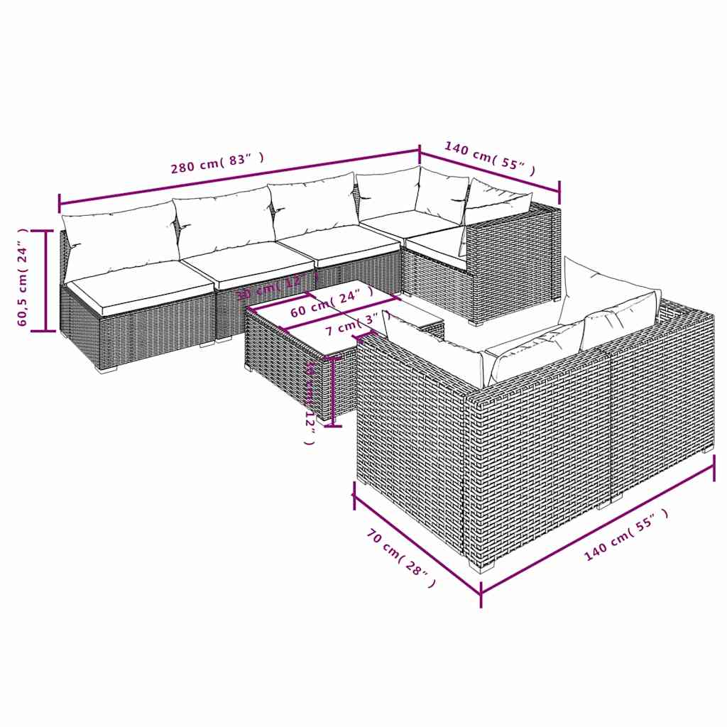8 Piece Garden Lounge Set with Cushions Grey Poly Rattan
