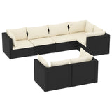 7 Piece Garden Lounge Set with Cushions Black Poly Rattan - Front View
