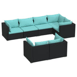 7 Piece Garden Lounge Set with Cushions Black Poly Rattan - Front View