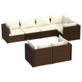 7 Piece Garden Lounge Set with Cushions Brown Poly Rattan - Front View