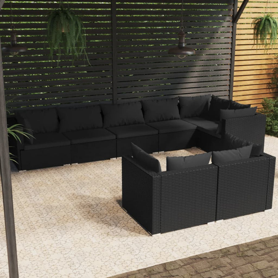 8 Piece Garden Lounge Set with Cushions Black Poly Rattan