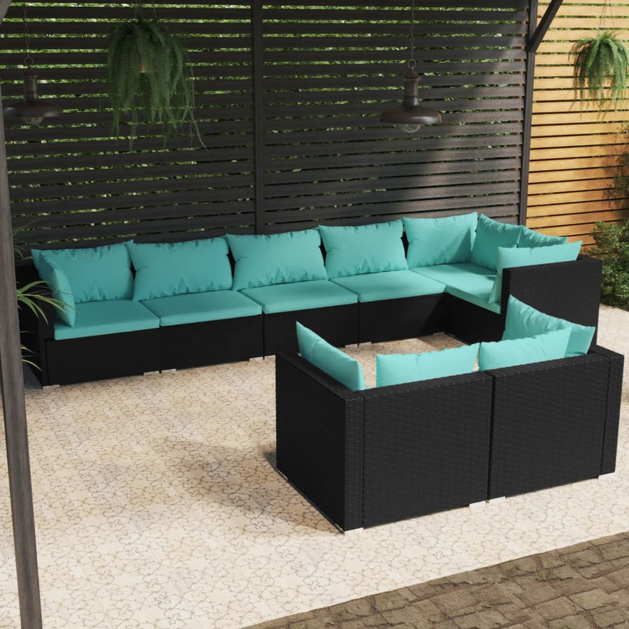 8 Piece Garden Lounge Set with Cushions Black Poly Rattan