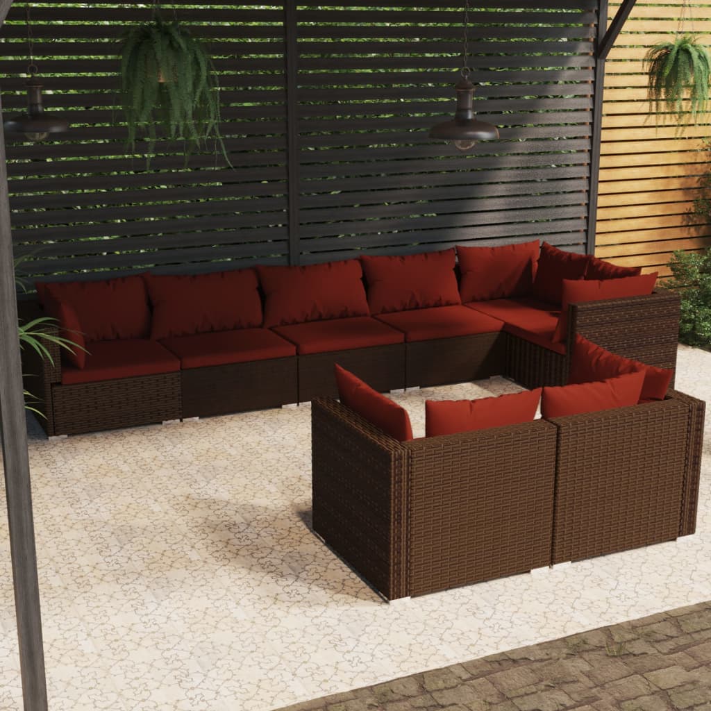 8 Piece Garden Lounge Set with Cushions Brown Poly Rattan