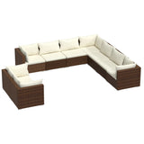 9 Piece Garden Lounge Set with Cushions Brown Poly Rattan - Front View