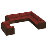 9 Piece Garden Lounge Set with Cushions Brown Poly Rattan - Front View