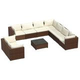 10 Piece Garden Lounge Set with Cushions Brown Poly Rattan - Front View