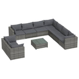 10 Piece Garden Lounge Set with Cushions Grey Poly Rattan - Front View