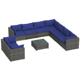 10 Piece Garden Lounge Set with Cushions Grey Poly Rattan - Front View