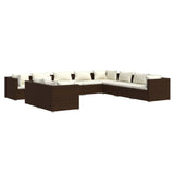 10 Piece Garden Lounge Set with Cushions Brown Poly Rattan - Front View