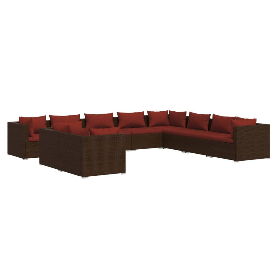 10 Piece Garden Lounge Set with Cushions Brown Poly Rattan