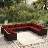 10 Piece Garden Lounge Set with Cushions Brown Poly Rattan