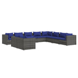 10 Piece Garden Lounge Set with Cushions Grey Poly Rattan - Front View