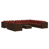 11 Piece Garden Lounge Set with Cushions Brown Poly Rattan - Front View