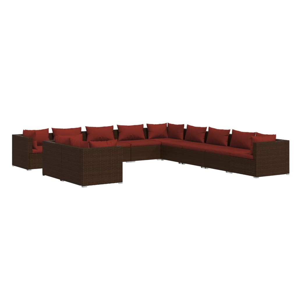 11 Piece Garden Lounge Set with Cushions Brown Poly Rattan