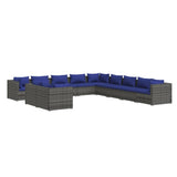 11 Piece Garden Lounge Set with Cushions Grey Poly Rattan - Front View