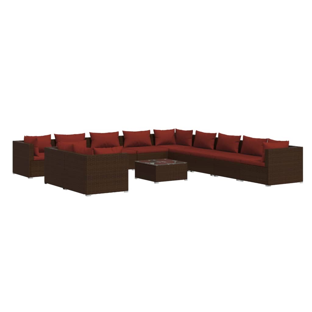 12 Piece Garden Lounge Set with Cushions Brown Poly Rattan
