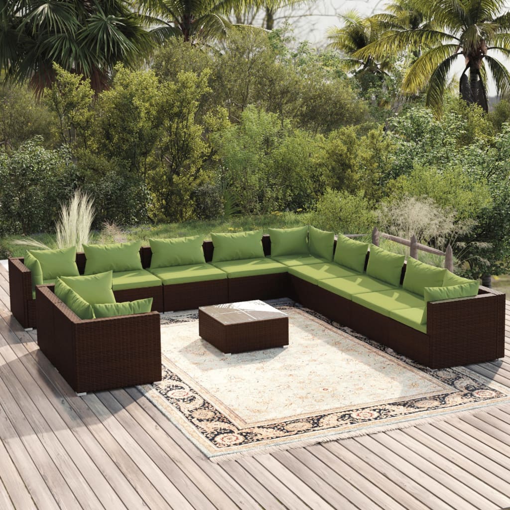12 Piece Garden Lounge Set with Cushions Brown Poly Rattan